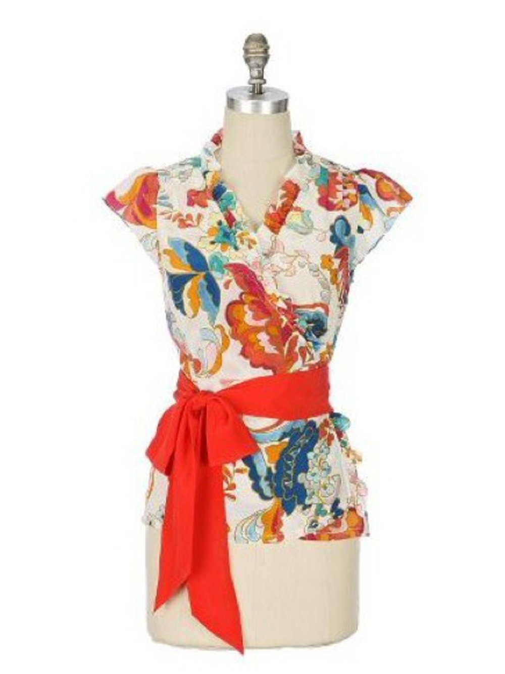 Anthropologie Odille Multicolor Floral Wrap Top with Red Sash